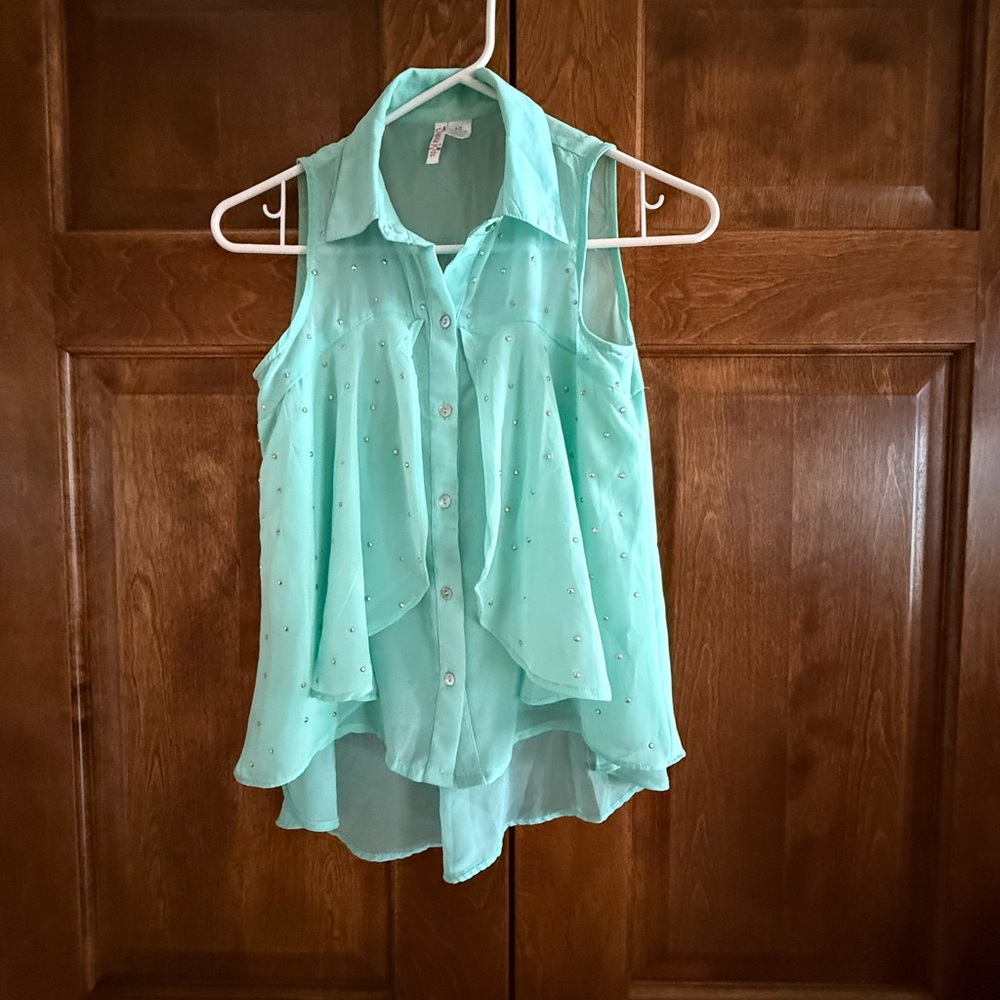 Justice Light Green Embellished Blouse - Girl's Size 12